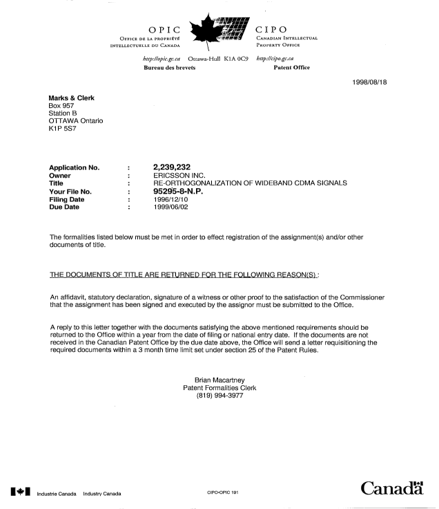 Document de brevet canadien 2239232. Correspondance 19980818. Image 1 de 1