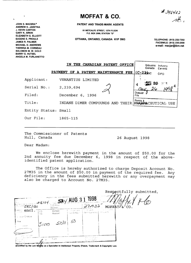 Document de brevet canadien 2239694. Taxes 19980826. Image 1 de 1