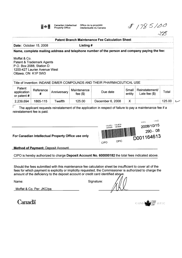 Canadian Patent Document 2239694. Fees 20081015. Image 1 of 1