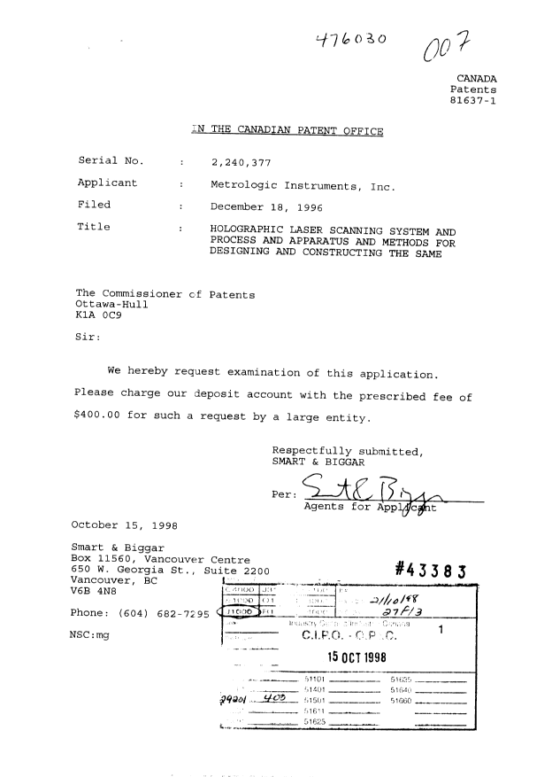 Canadian Patent Document 2240377. Prosecution-Amendment 19981015. Image 1 of 1