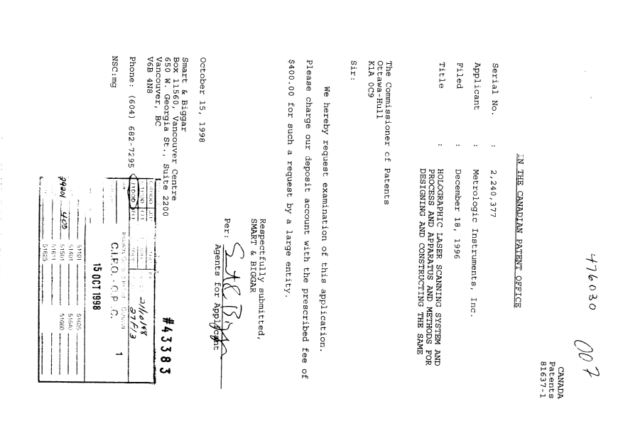 Canadian Patent Document 2240377. Prosecution-Amendment 19981015. Image 1 of 1