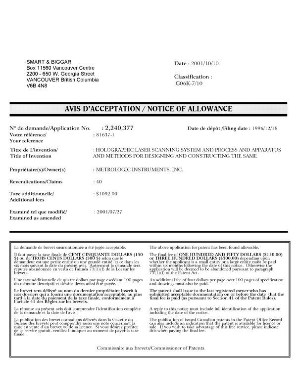 Canadian Patent Document 2240377. Correspondence 20011010. Image 1 of 1