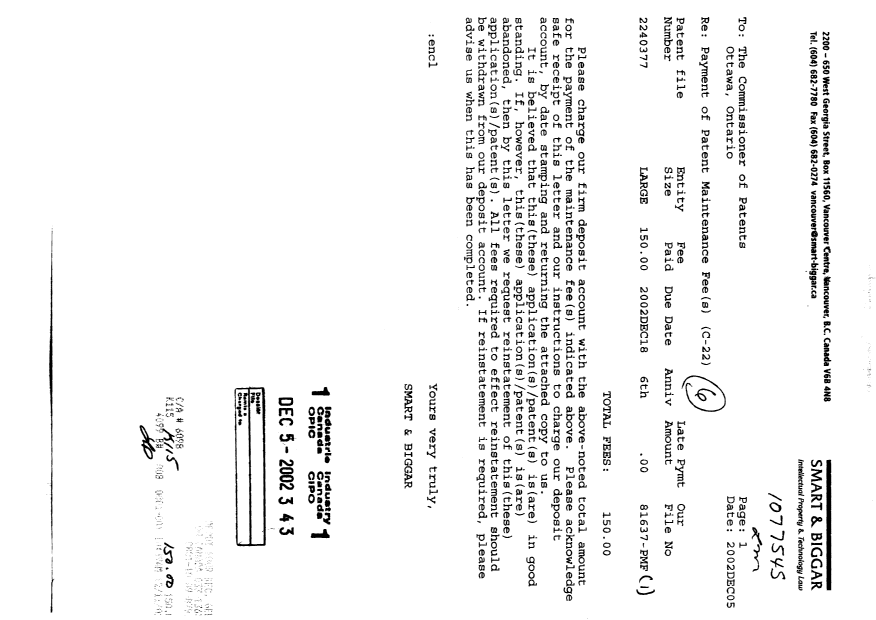 Canadian Patent Document 2240377. Fees 20021205. Image 1 of 1