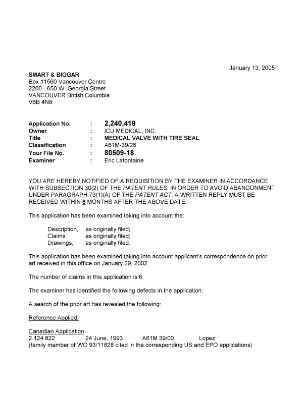 Canadian Patent Document 2240419. Prosecution-Amendment 20050113. Image 1 of 3