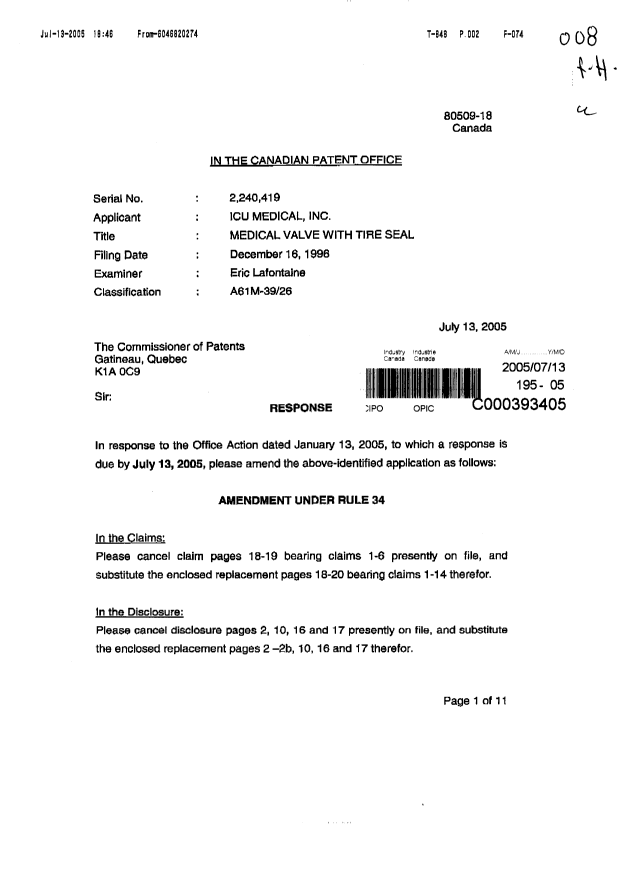 Document de brevet canadien 2240419. Poursuite-Amendment 20050713. Image 1 de 40