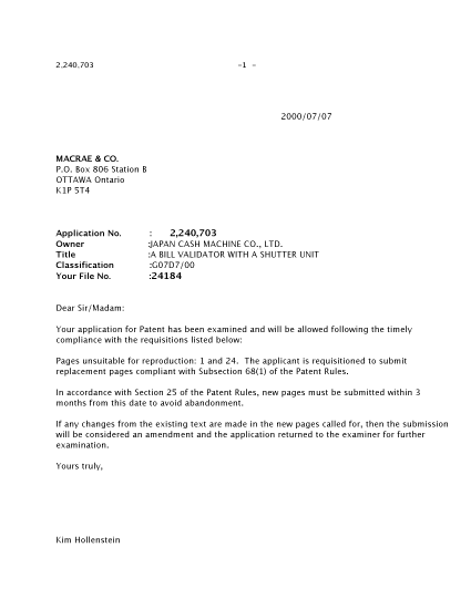 Canadian Patent Document 2240703. Correspondence 20000707. Image 1 of 2