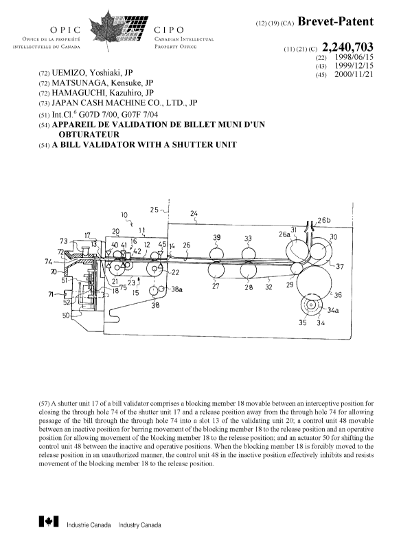 Canadian Patent Document 2240703. Cover Page 20001018. Image 1 of 1
