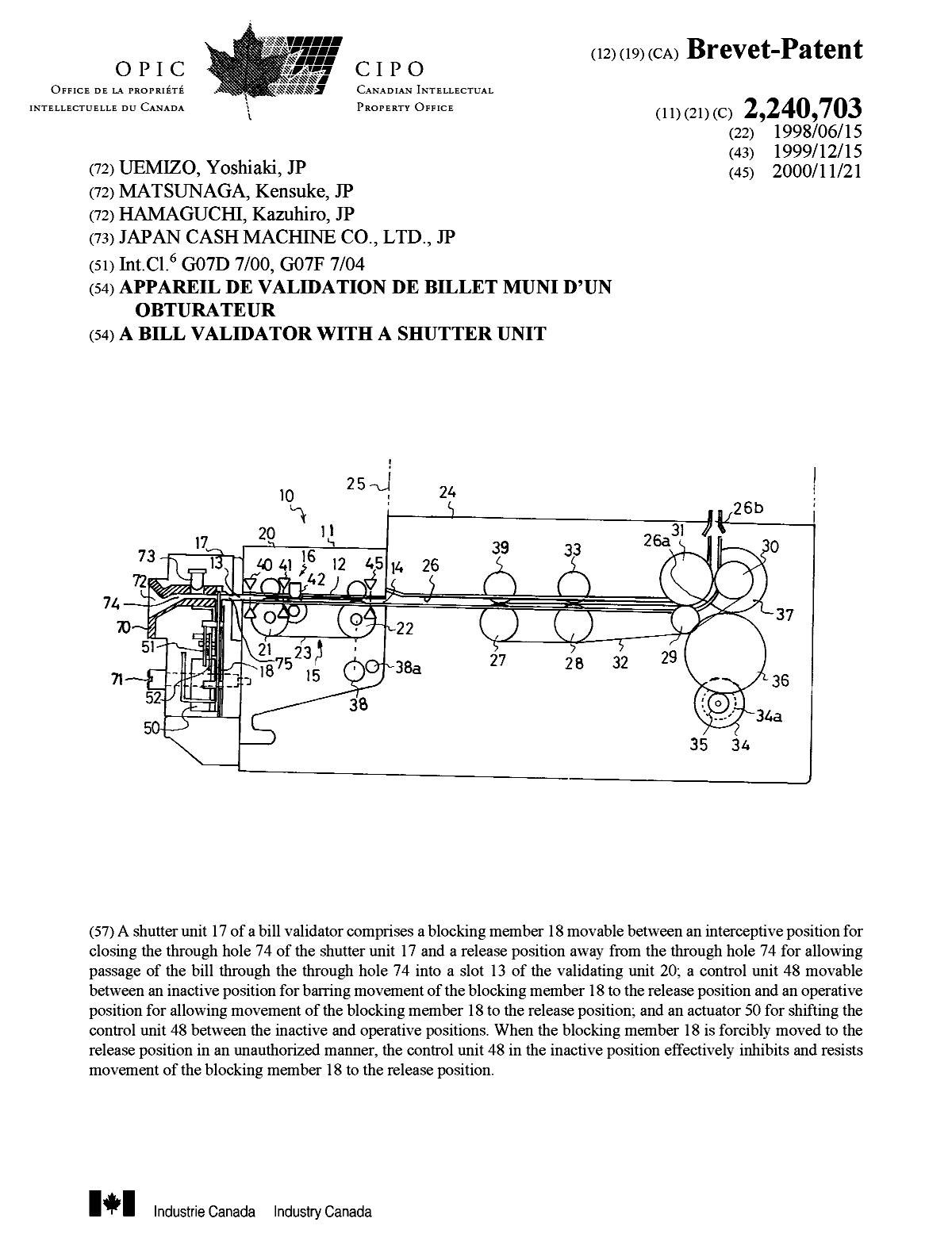 Canadian Patent Document 2240703. Cover Page 20001018. Image 1 of 1