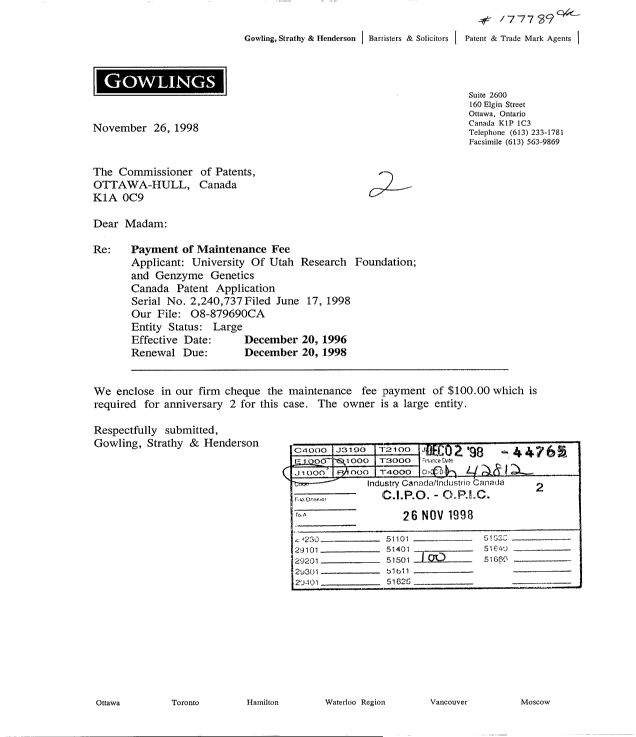 Document de brevet canadien 2240737. Taxes 19971226. Image 1 de 1