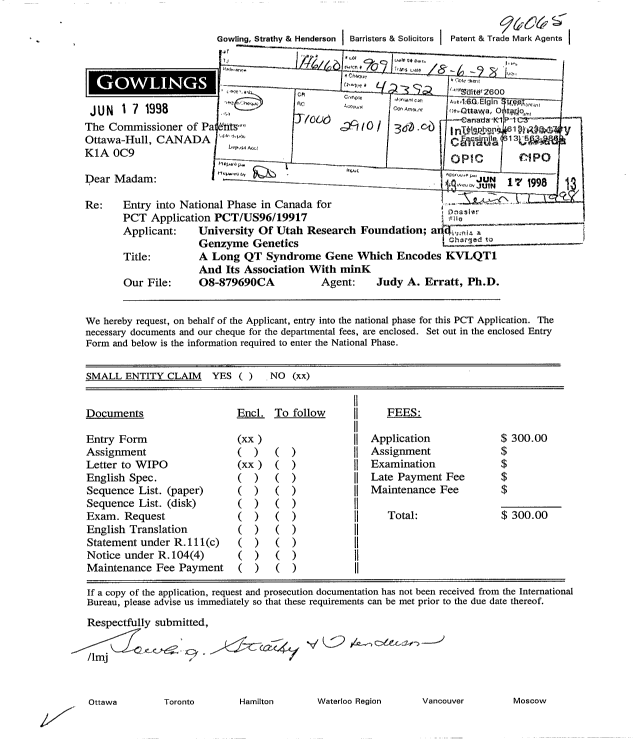 Document de brevet canadien 2240737. Cession 19980617. Image 1 de 6