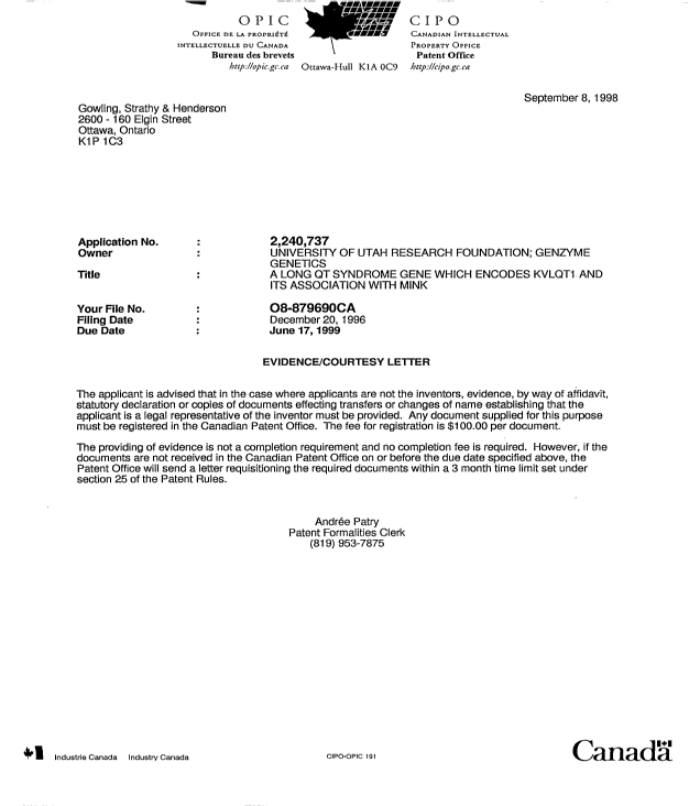 Canadian Patent Document 2240737. Correspondence 19980908. Image 1 of 1