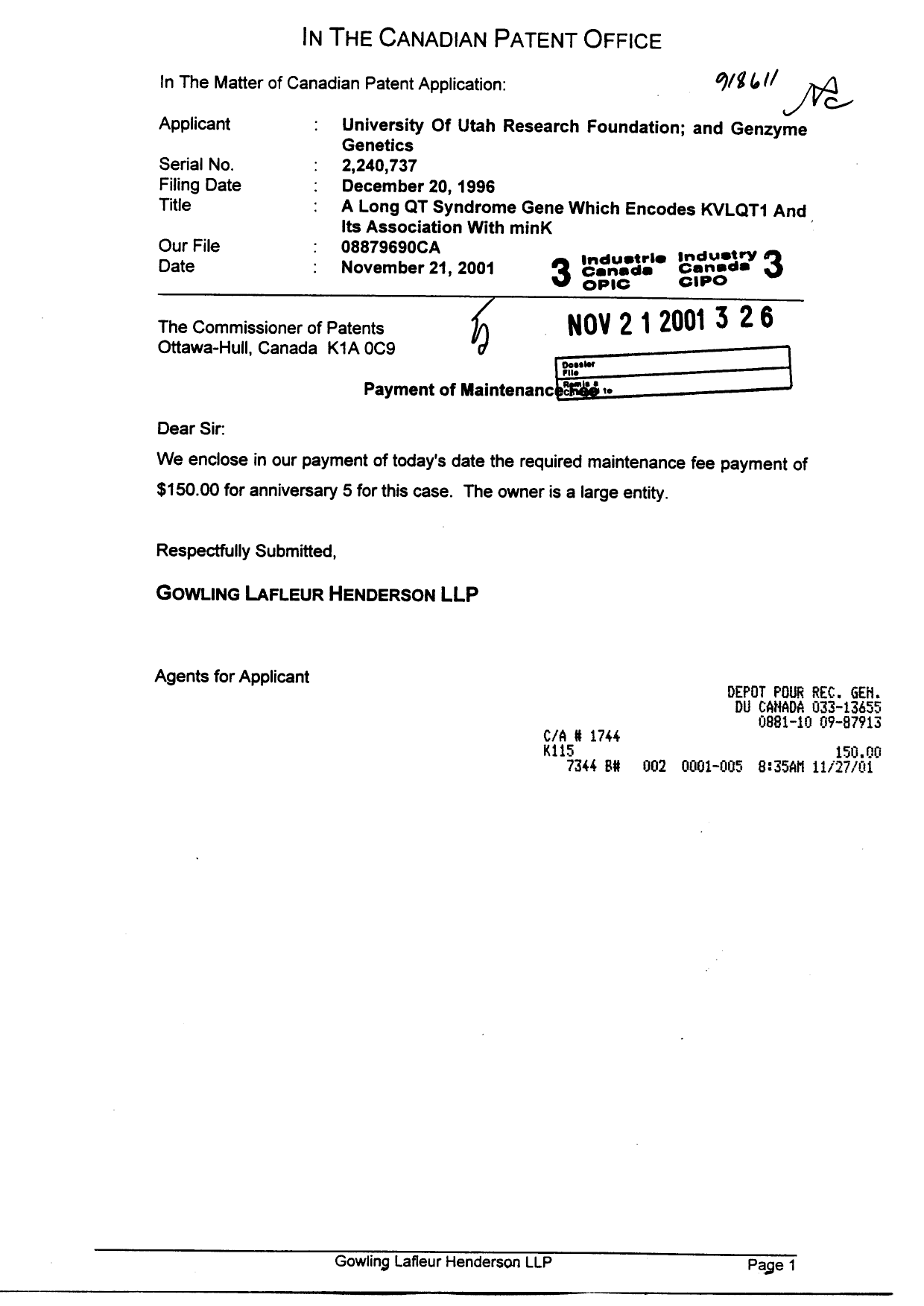 Document de brevet canadien 2240737. Taxes 20011121. Image 1 de 1