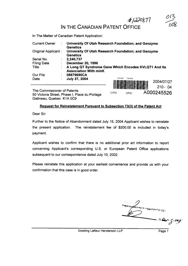 Canadian Patent Document 2240737. Prosecution-Amendment 20031227. Image 1 of 2
