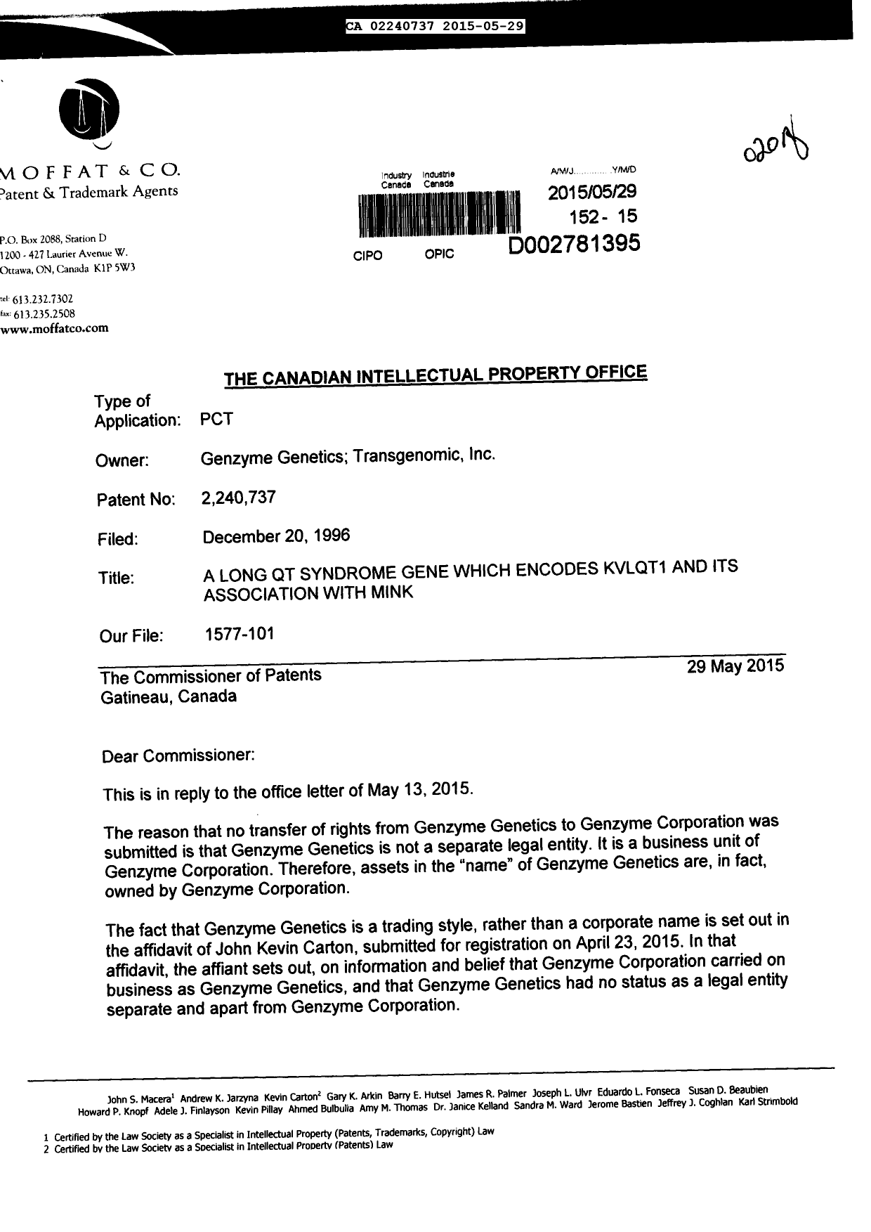 Canadian Patent Document 2240737. Correspondence 20141229. Image 1 of 2