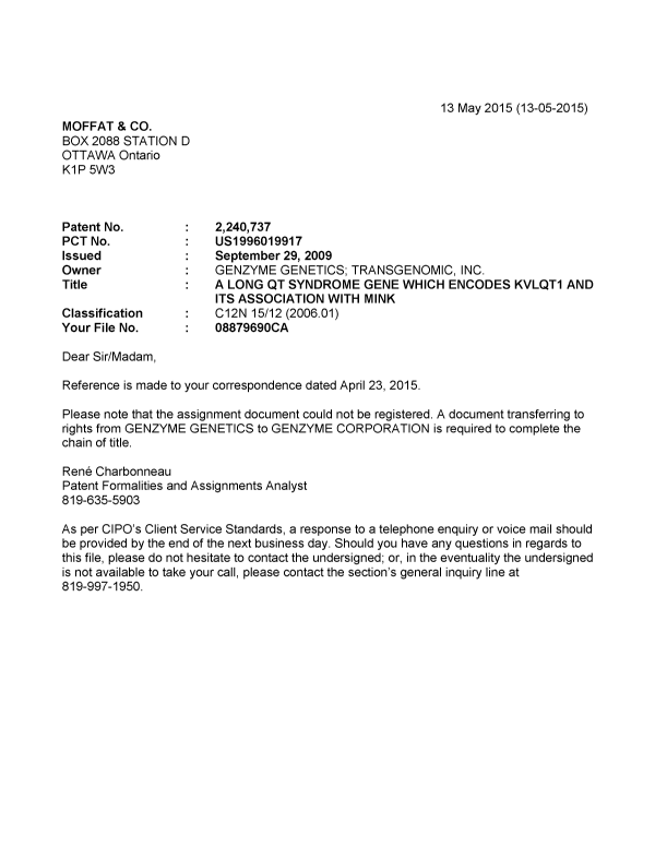 Document de brevet canadien 2240737. Correspondance 20150513. Image 1 de 1