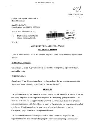 Canadian Patent Document 2240738. Prosecution-Amendment 20070214. Image 1 of 9