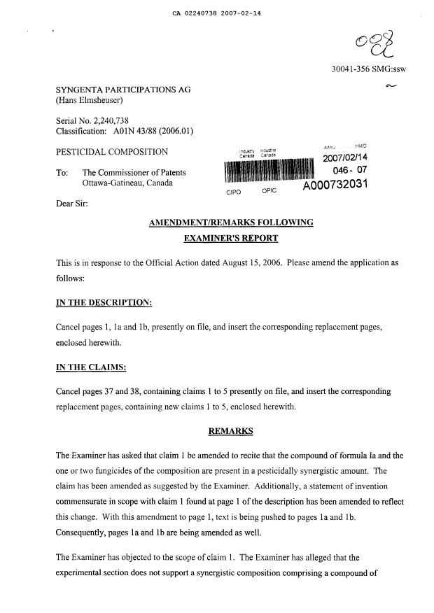 Document de brevet canadien 2240738. Poursuite-Amendment 20070214. Image 1 de 9
