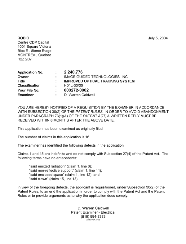 Canadian Patent Document 2240776. Prosecution-Amendment 20031205. Image 1 of 1