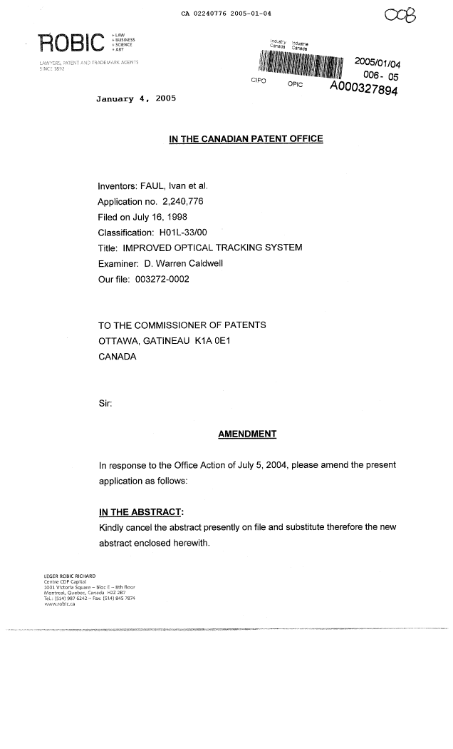 Canadian Patent Document 2240776. Prosecution-Amendment 20041204. Image 1 of 13