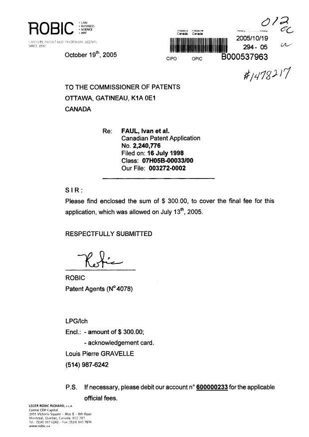 Canadian Patent Document 2240776. Correspondence 20041219. Image 1 of 1