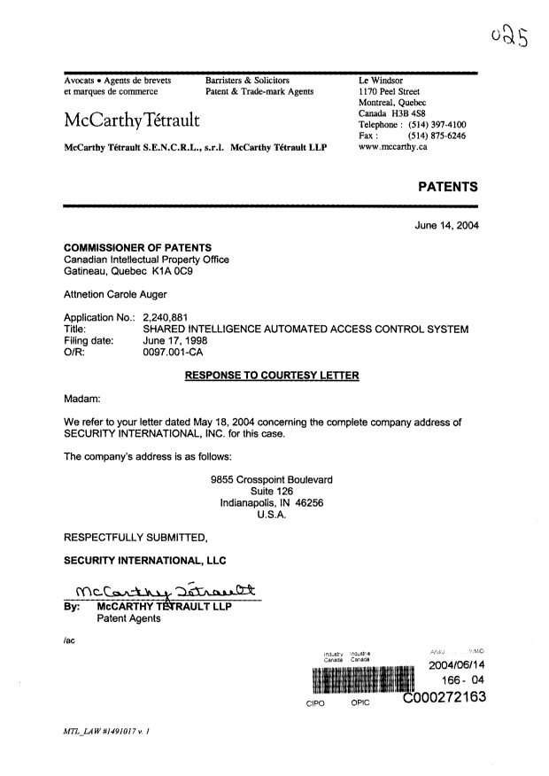Document de brevet canadien 2240881. Cession 20040614. Image 1 de 1