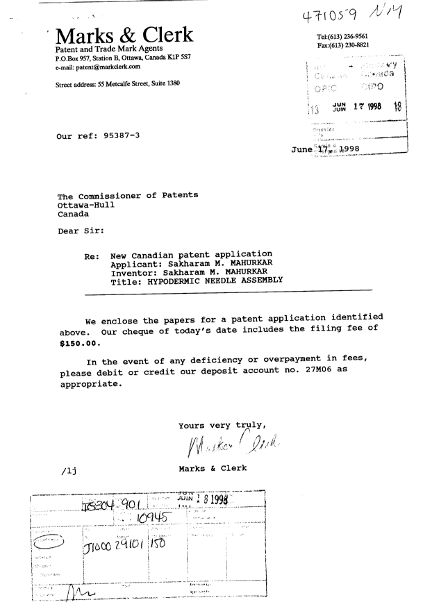 Document de brevet canadien 2240920. Cession 19980617. Image 1 de 3