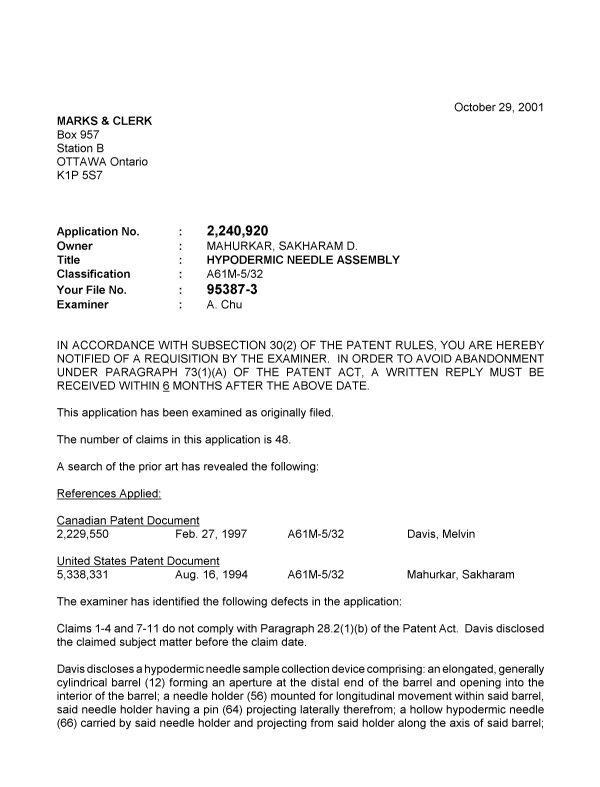 Document de brevet canadien 2240920. Poursuite-Amendment 20011029. Image 1 de 3