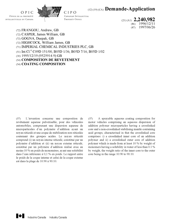 Document de brevet canadien 2240982. Page couverture 19981008. Image 1 de 1