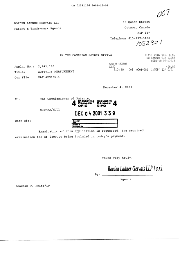 Canadian Patent Document 2241196. Prosecution-Amendment 20011204. Image 1 of 1