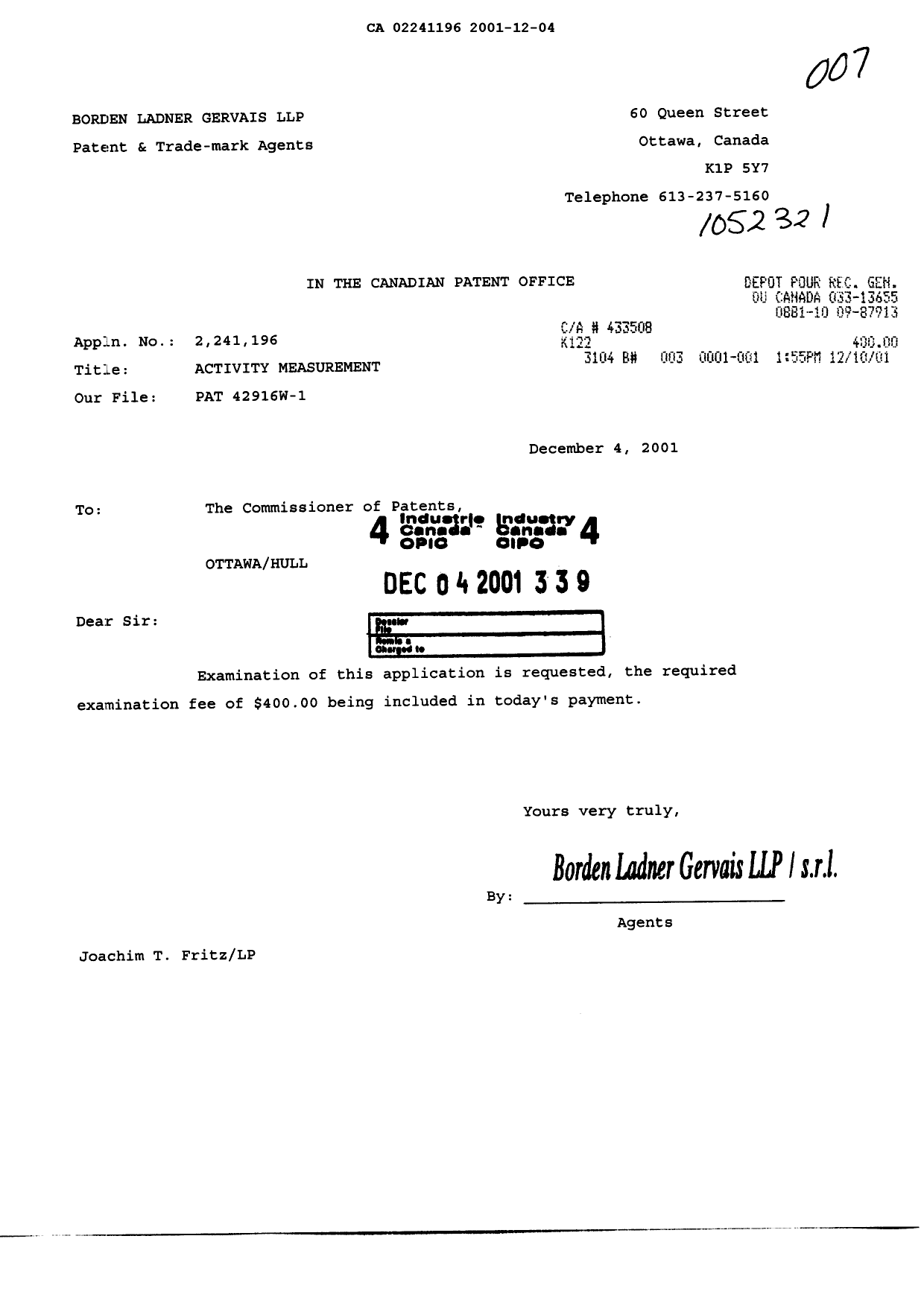 Canadian Patent Document 2241196. Prosecution-Amendment 20011204. Image 1 of 1