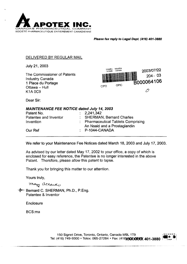 Canadian Patent Document 2241342. Correspondence 20030722. Image 1 of 2