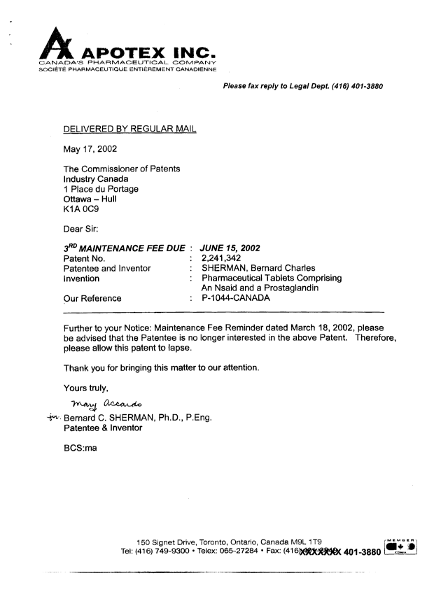 Canadian Patent Document 2241342. Correspondence 20030722. Image 2 of 2