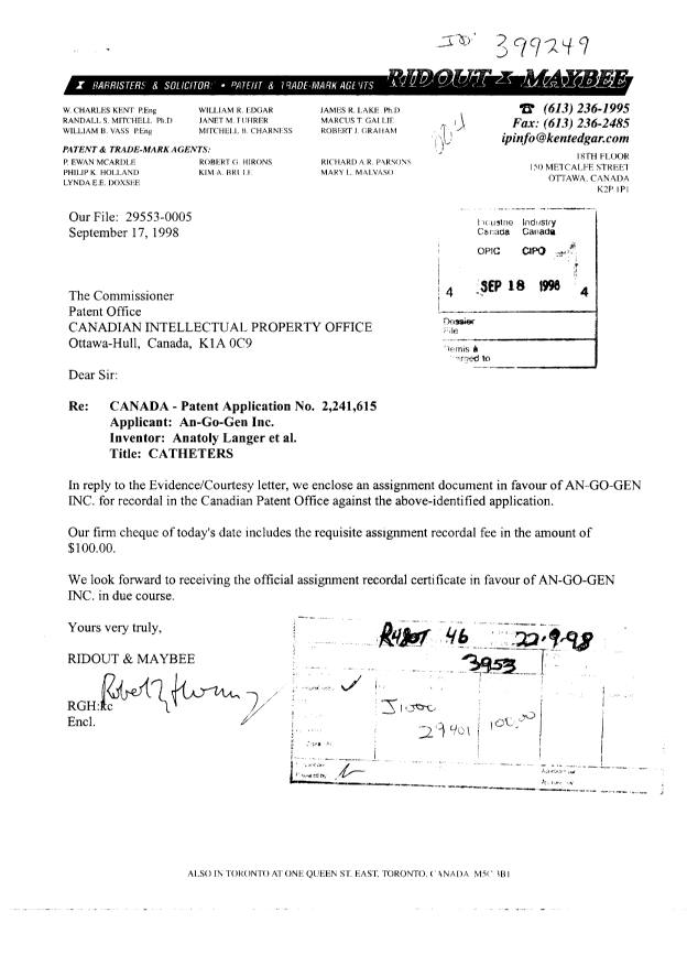 Document de brevet canadien 2241615. Cession 19980918. Image 1 de 2