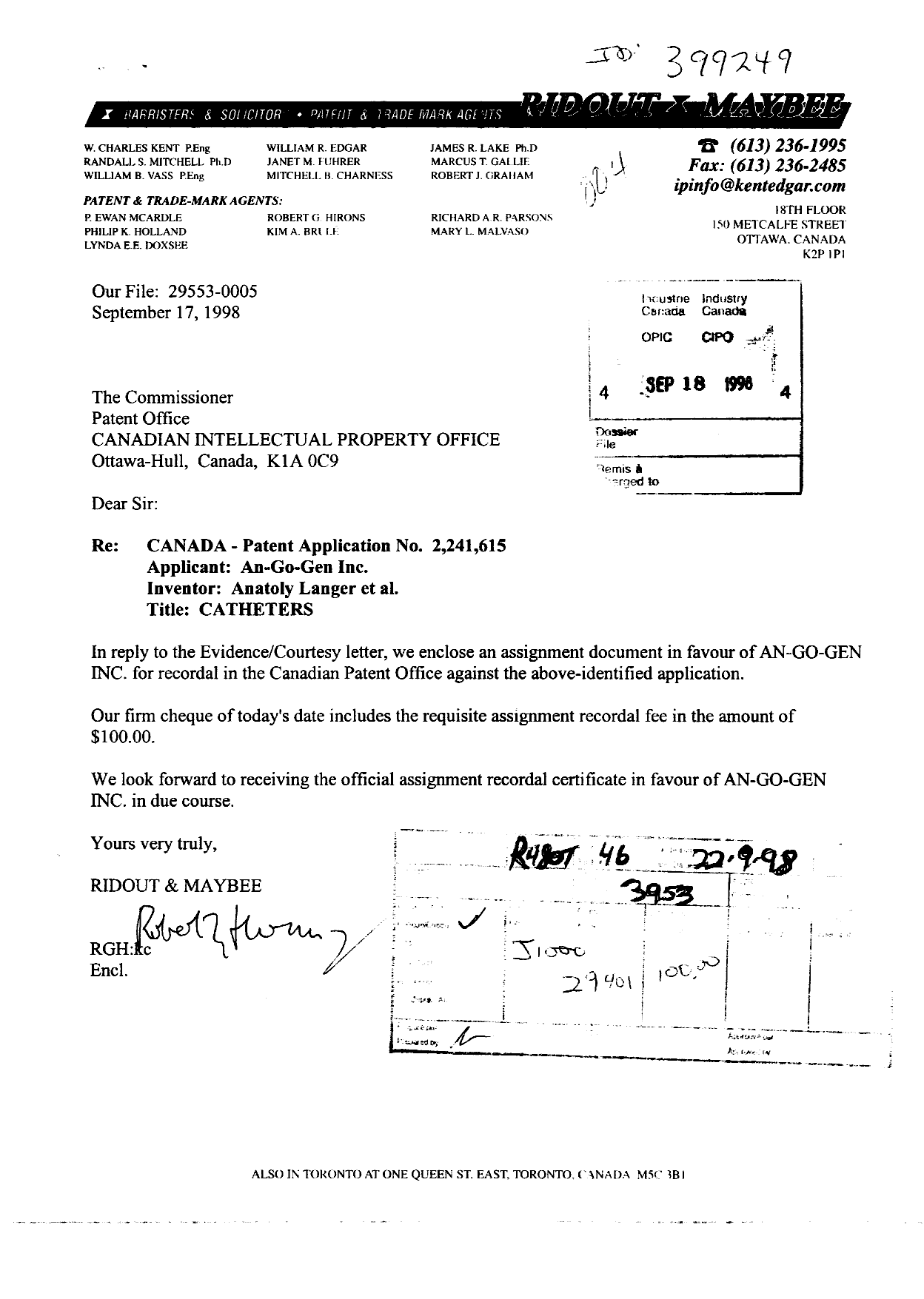 Canadian Patent Document 2241615. Assignment 19980918. Image 1 of 2