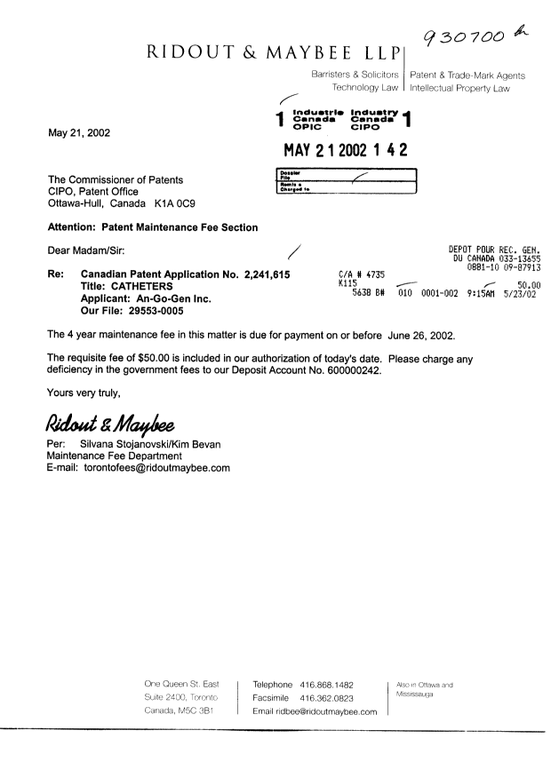 Document de brevet canadien 2241615. Taxes 20020521. Image 1 de 1