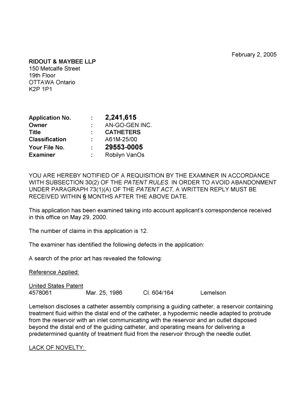 Canadian Patent Document 2241615. Prosecution-Amendment 20050202. Image 1 of 2