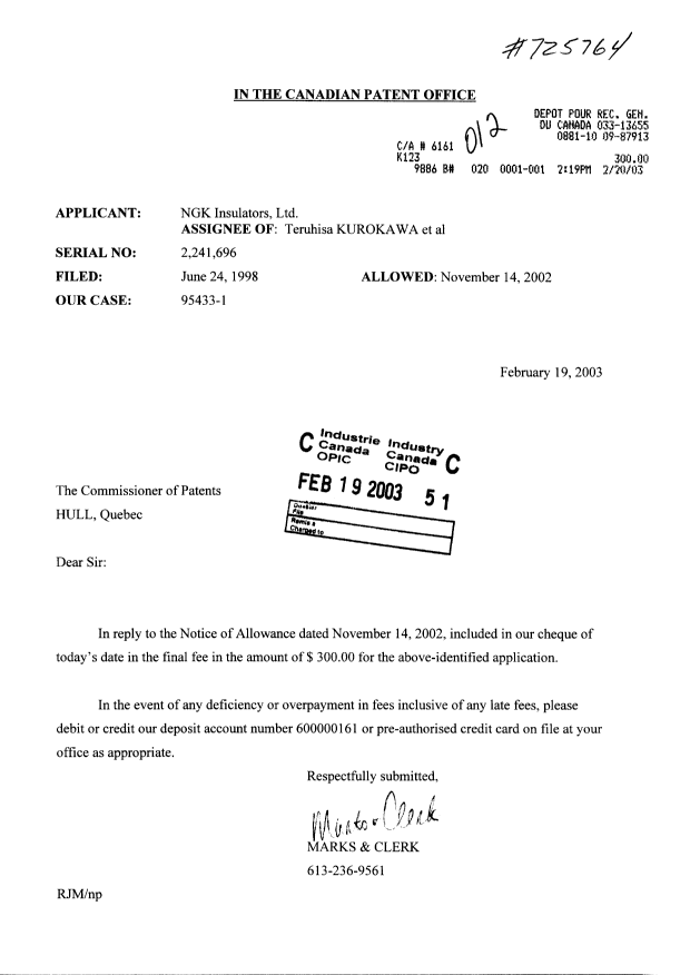 Document de brevet canadien 2241696. Correspondance 20030219. Image 1 de 1
