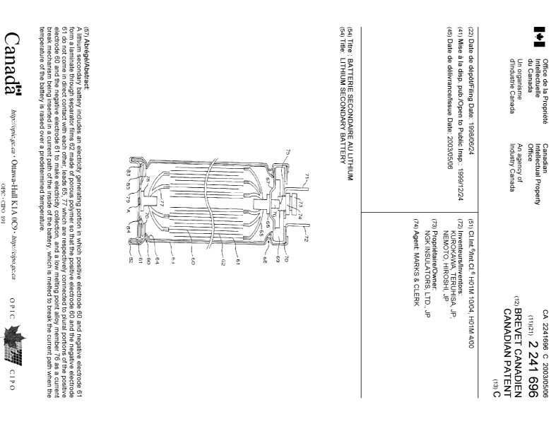 Canadian Patent Document 2241696. Cover Page 20030401. Image 1 of 1