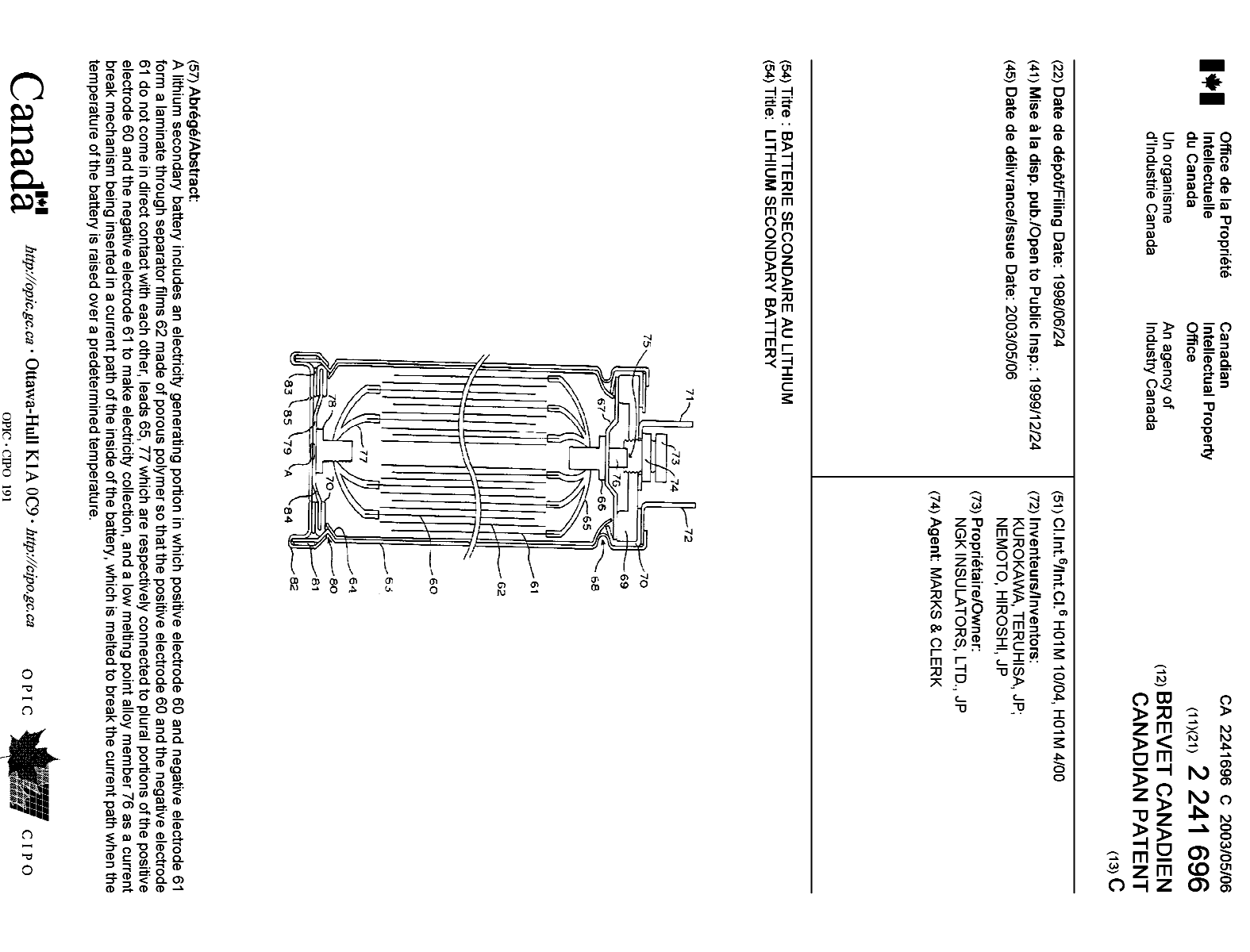 Canadian Patent Document 2241696. Cover Page 20030401. Image 1 of 1