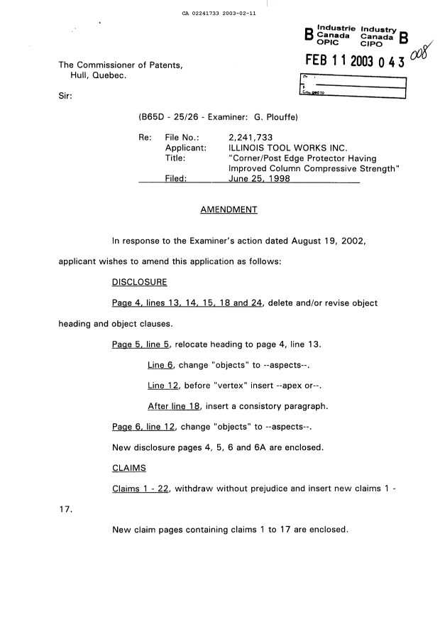 Canadian Patent Document 2241733. Prosecution-Amendment 20030211. Image 1 of 13