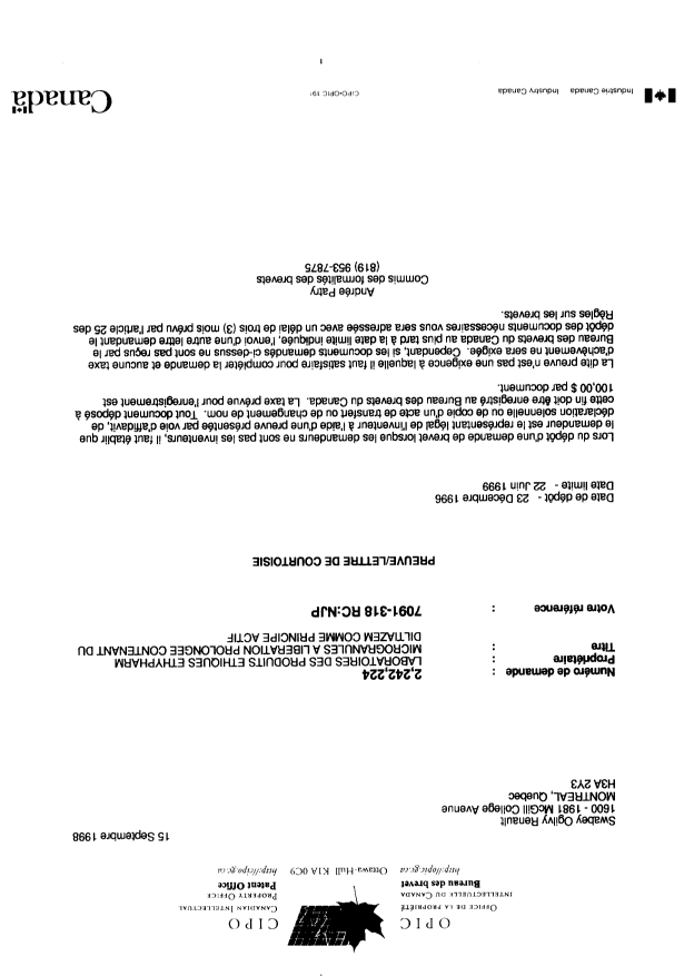 Document de brevet canadien 2242224. Correspondance 19971215. Image 1 de 1