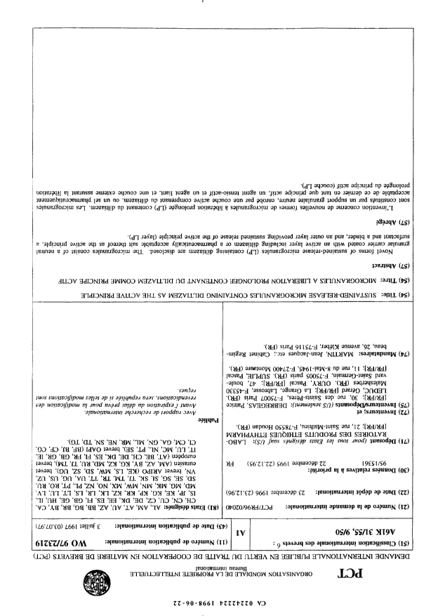 Document de brevet canadien 2242224. Abrégé 19971222. Image 1 de 1