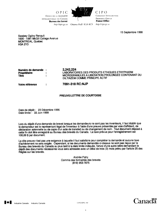 Document de brevet canadien 2242224. Correspondance 19980915. Image 1 de 1