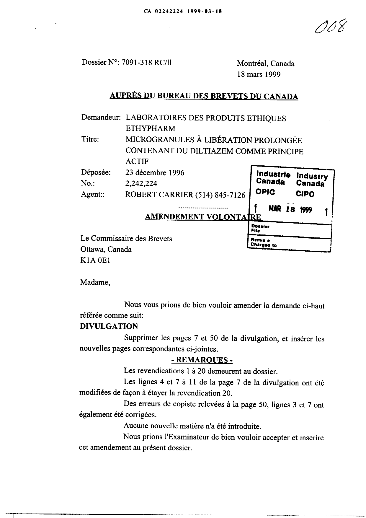 Canadian Patent Document 2242224. Prosecution-Amendment 19981218. Image 1 of 4