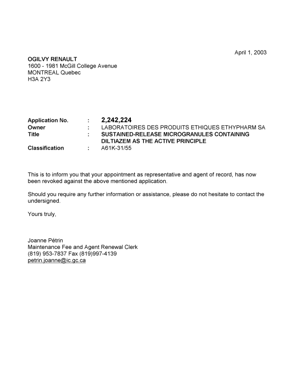Document de brevet canadien 2242224. Correspondance 20021201. Image 1 de 1
