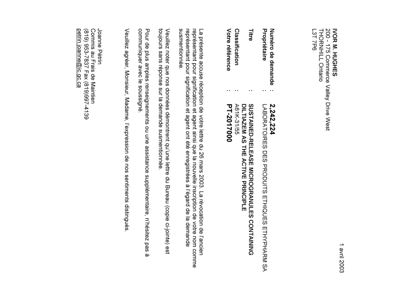 Document de brevet canadien 2242224. Correspondance 20021201. Image 1 de 1