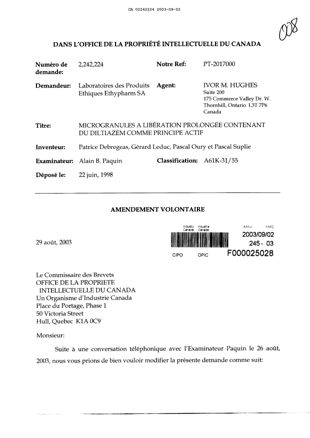 Document de brevet canadien 2242224. Poursuite-Amendment 20021202. Image 1 de 10