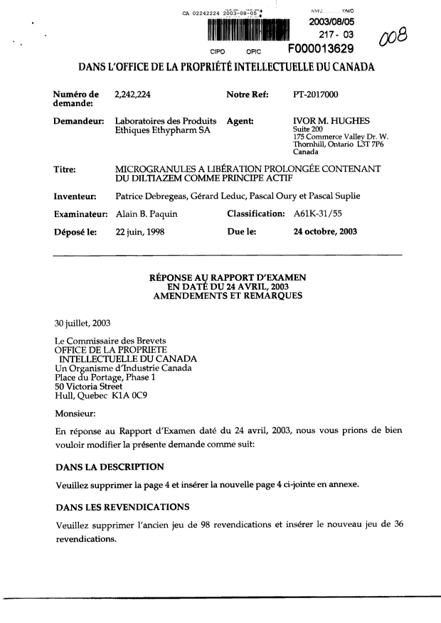 Canadian Patent Document 2242224. Prosecution-Amendment 20021205. Image 1 of 12