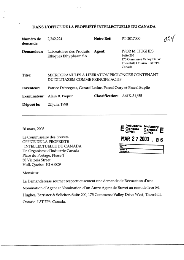 Document de brevet canadien 2242224. Correspondance 20021227. Image 1 de 3