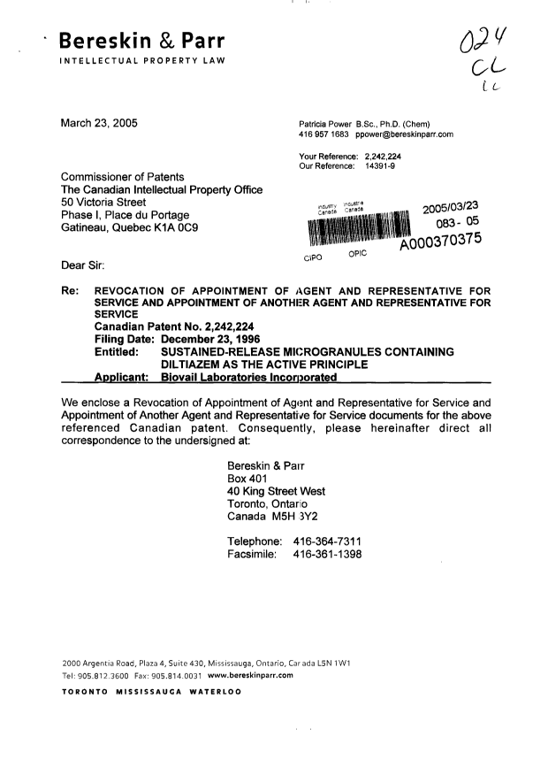 Canadian Patent Document 2242224. Correspondence 20041223. Image 1 of 3